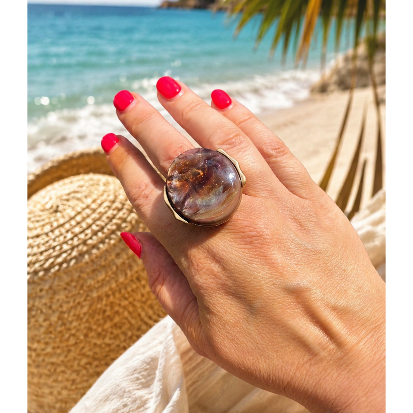 Brown Marbled & Gold Elasticated Statement Ring