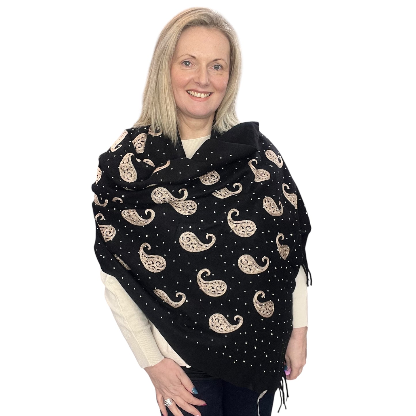 Black Pashmina Embroidered Design & Crystals