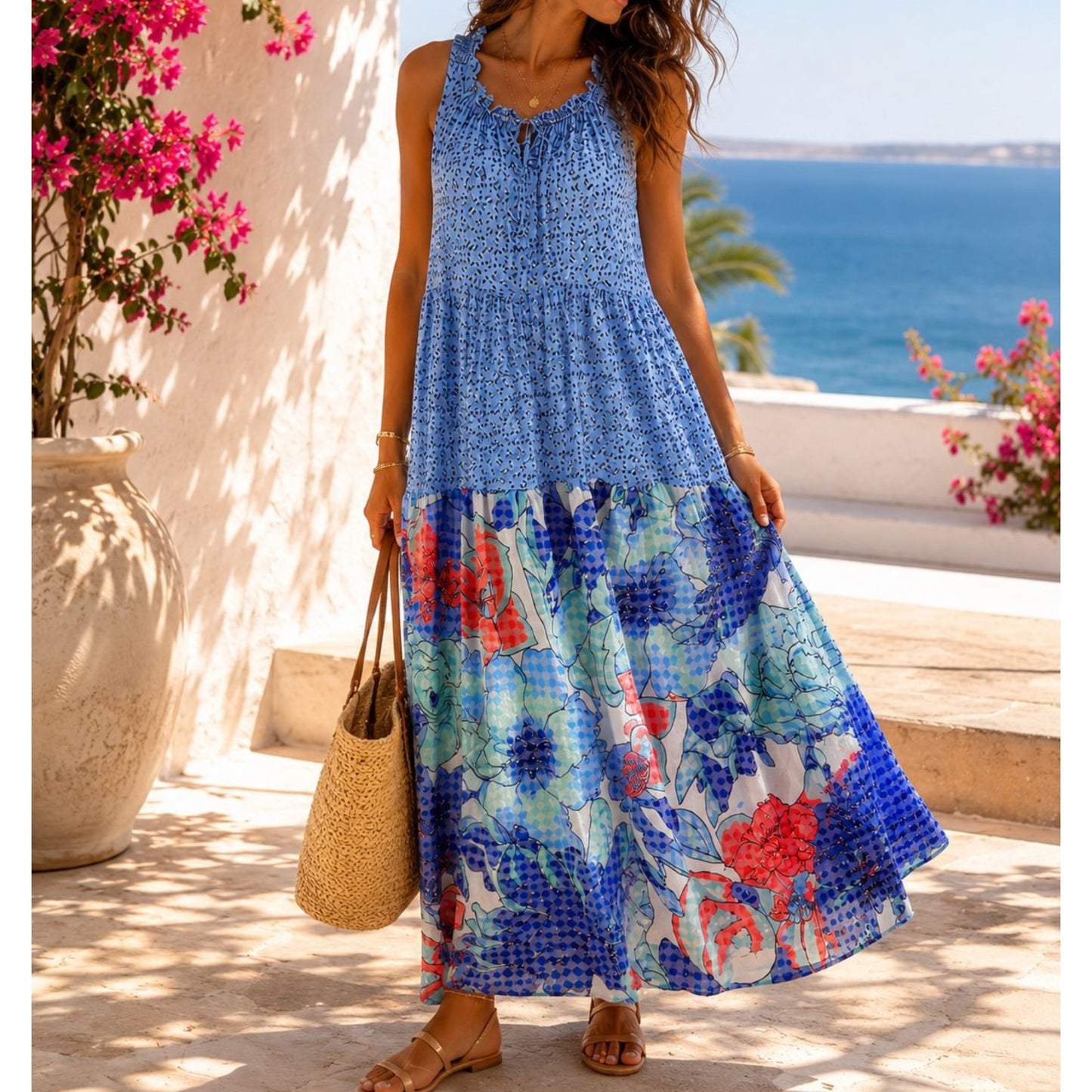 Verona Cobalt Blue & Floral Maxi Dress