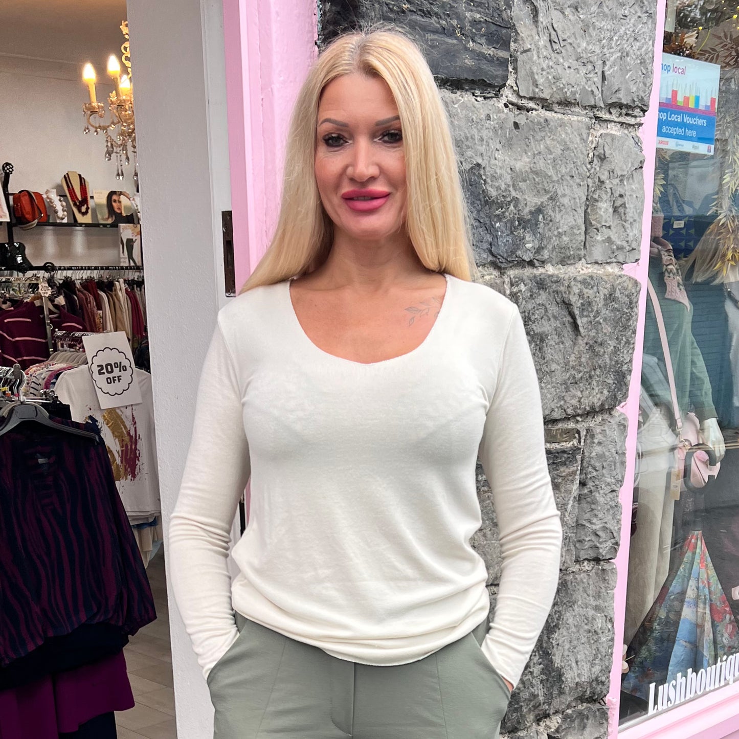 Cosy V Neck Long Sleeved Top Cream