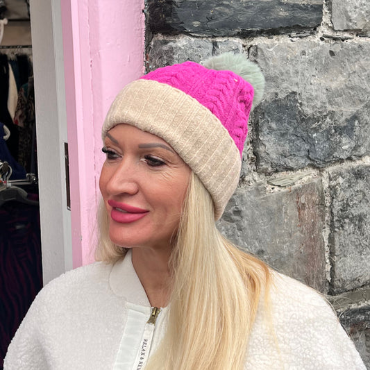 POM Pink & Beige Hat Green Bobble