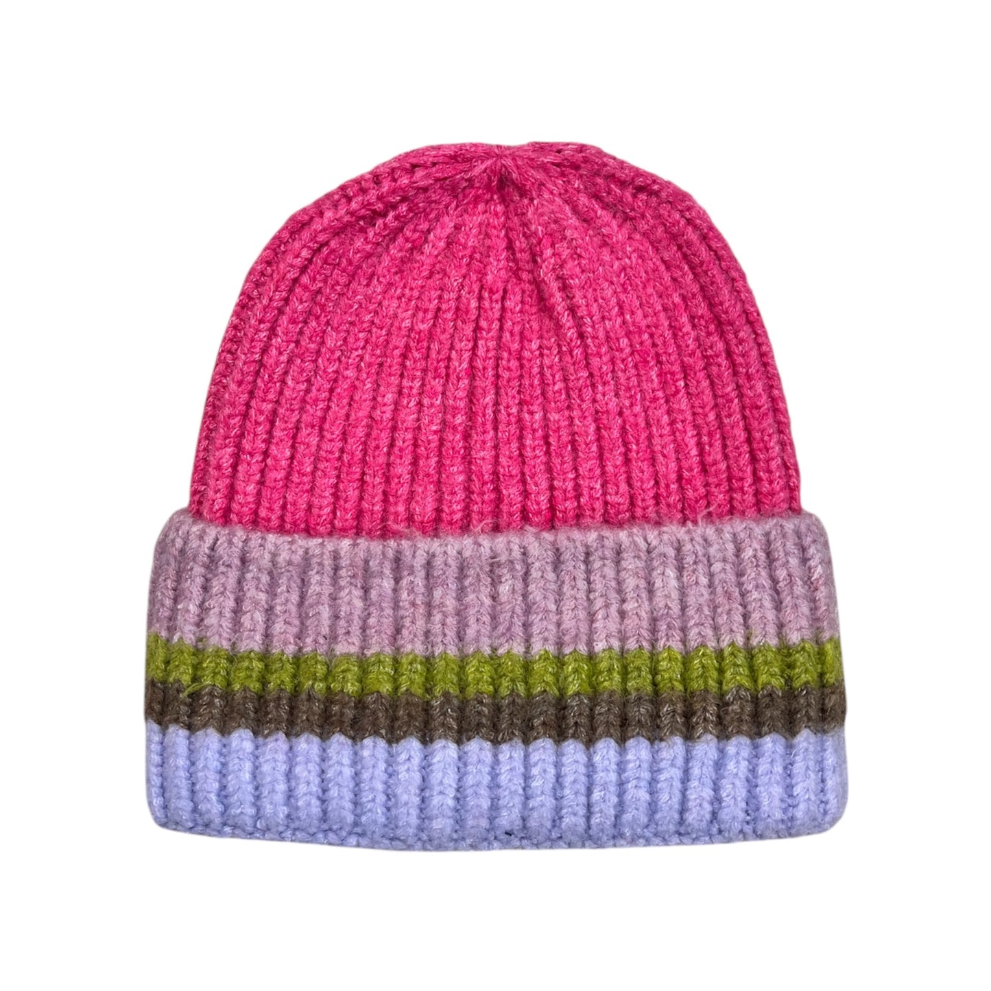 POM Knit Hat Pink Lilac Green Stripe