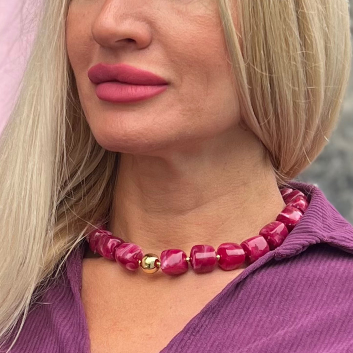Chunky Magenta Square Bead & Gold Ball Necklace