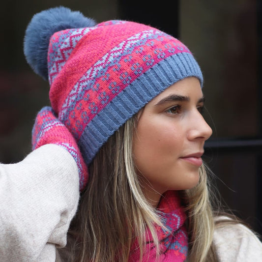 POM Blue & Pink Mix Bobble Hat