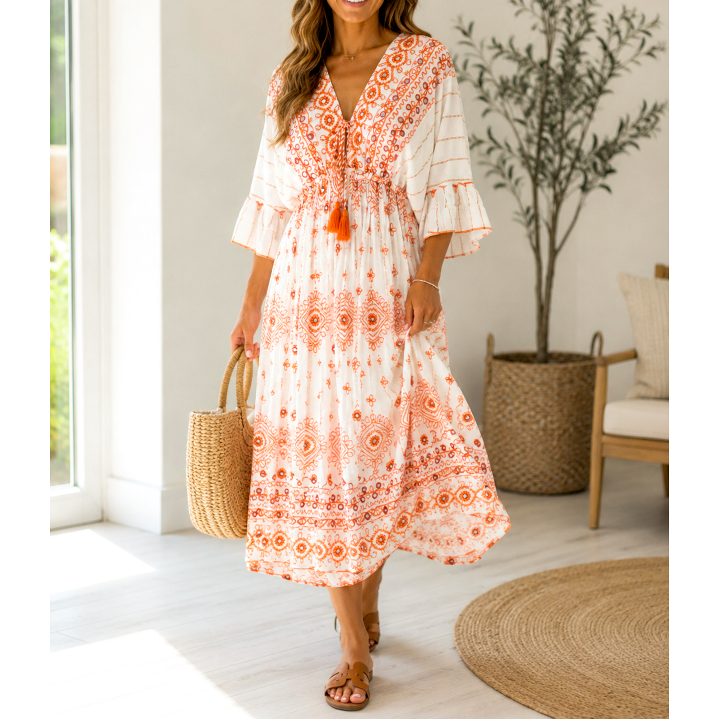 Sunset Boho Embroidered Midi Dress – Orange & Cream