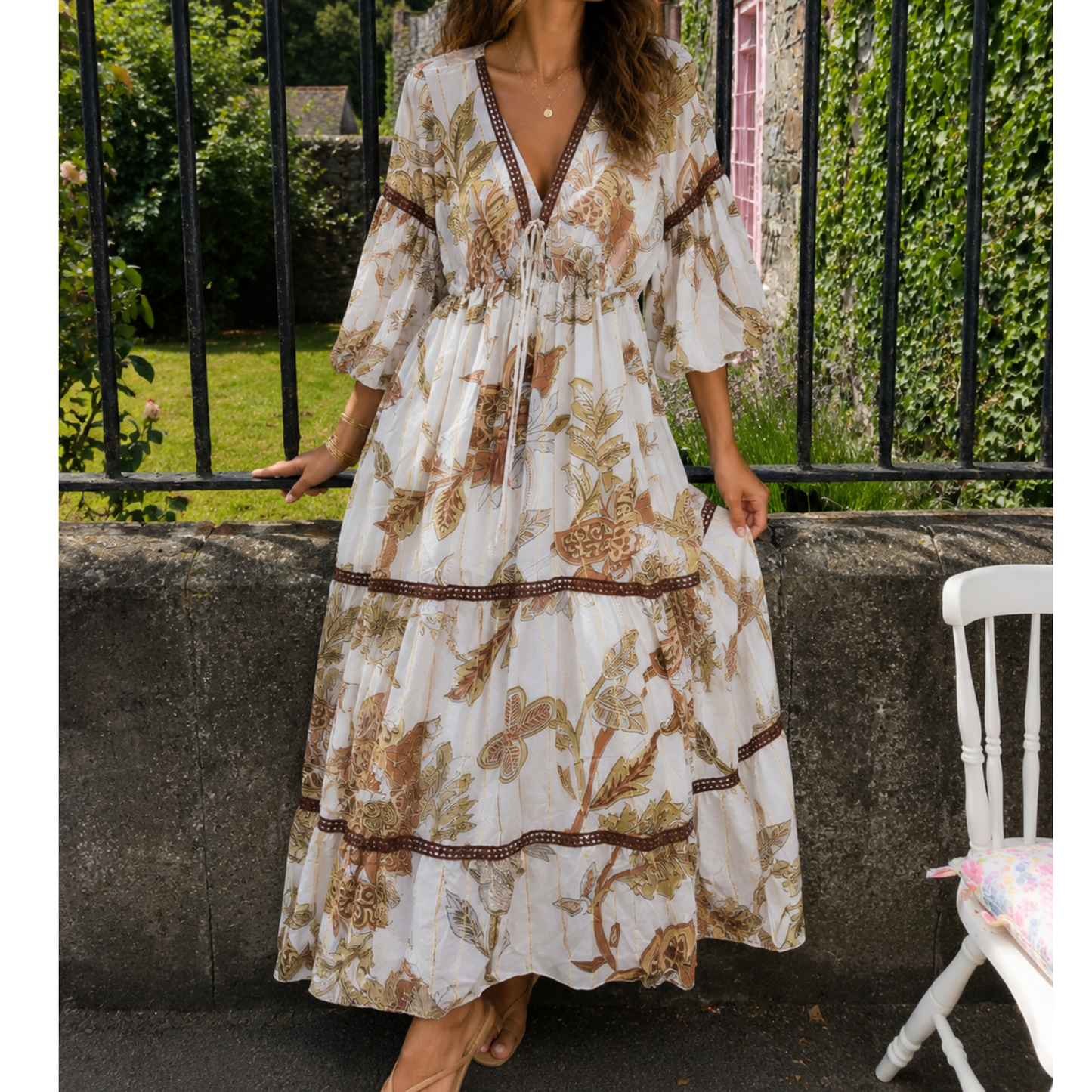 Boho Botanical Tassel Maxi Dress – Cream Brown & Gold (Fits 8-14)