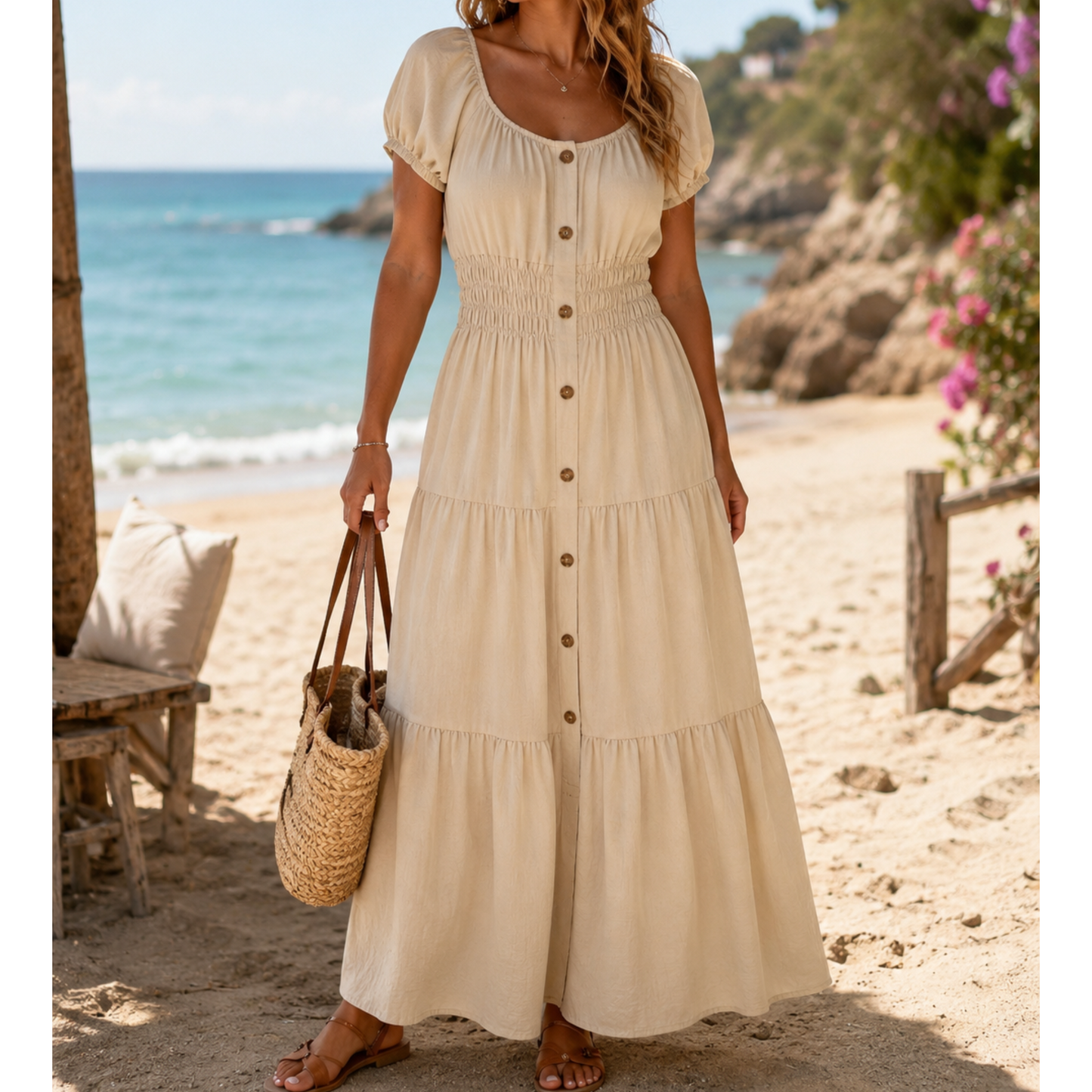 Beige Shirred Waist Button Front Maxi Dress