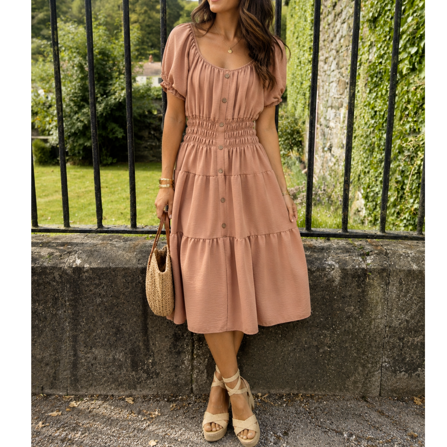 Shirred Waist Midi Dress Camel