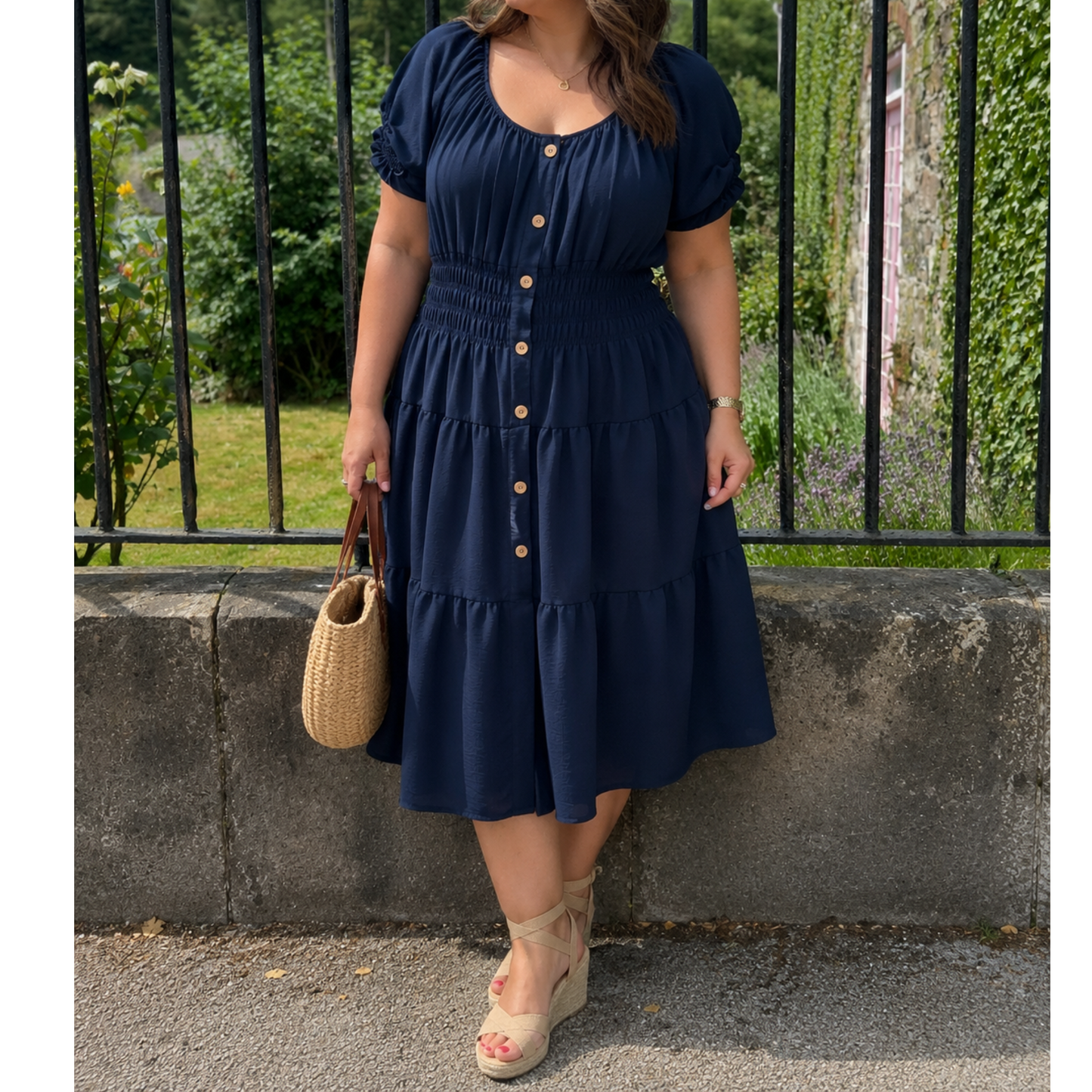 Navy Shirred Waist Midi Dress