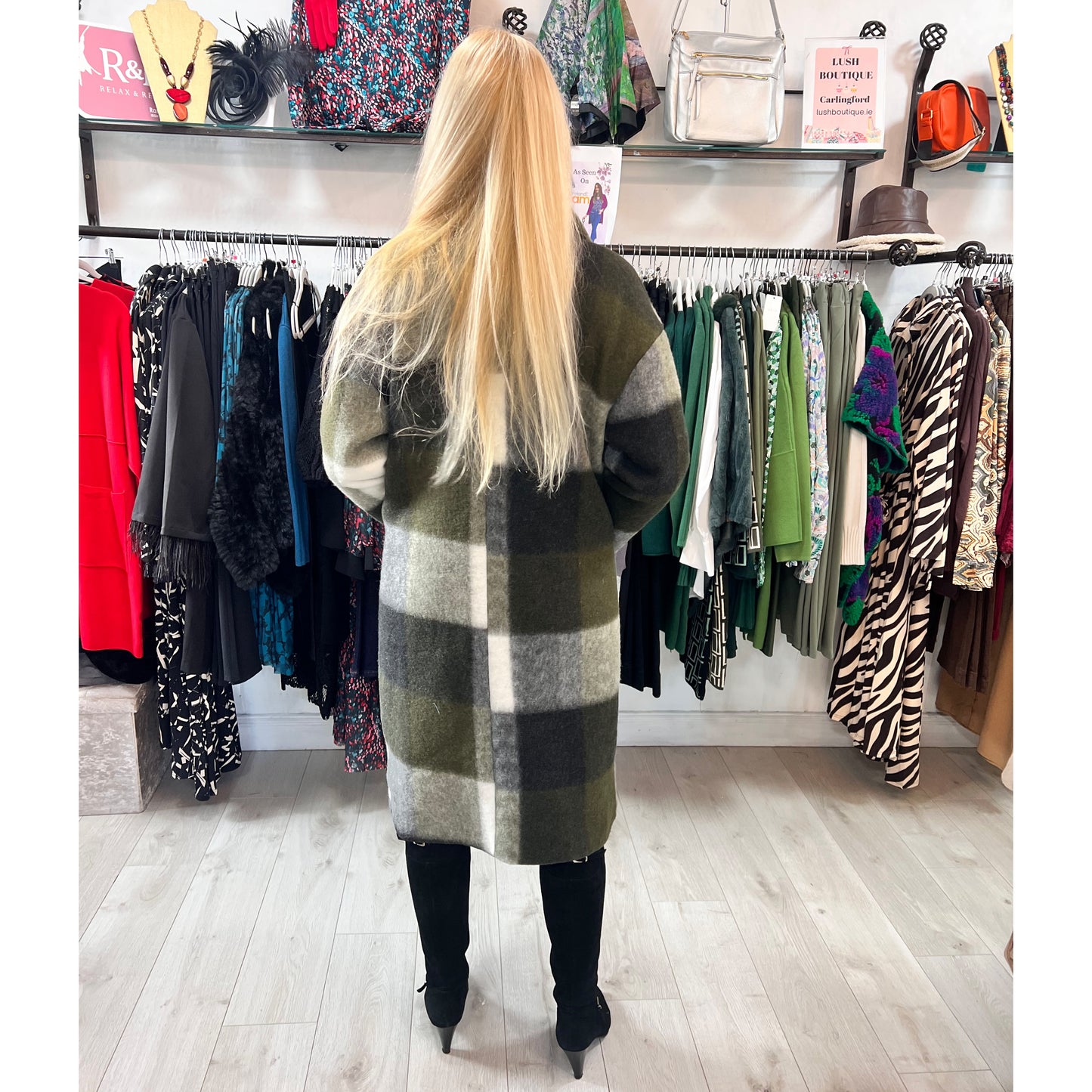 Checked Oversized Wool Coat Khaki Green & Cream