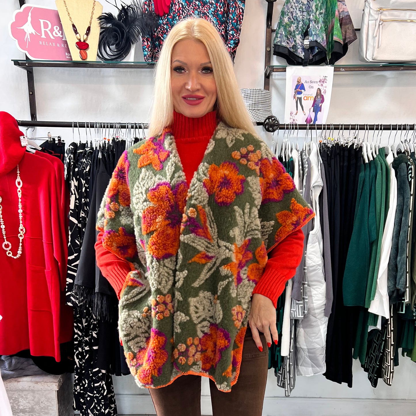 Oversized Wool Embroidery Gilet Orange & Green