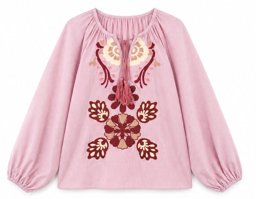 Boho Embroidered Cotton Top Wine & Cream