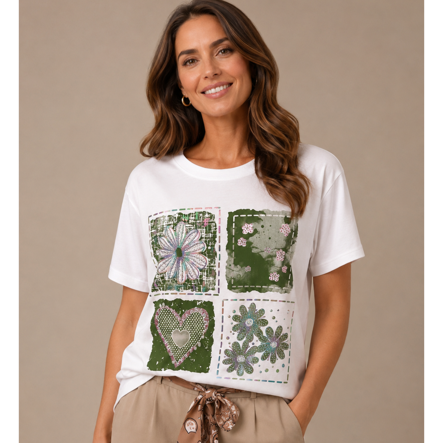 White & Green Floral Patchwork Cotton T-Shirt