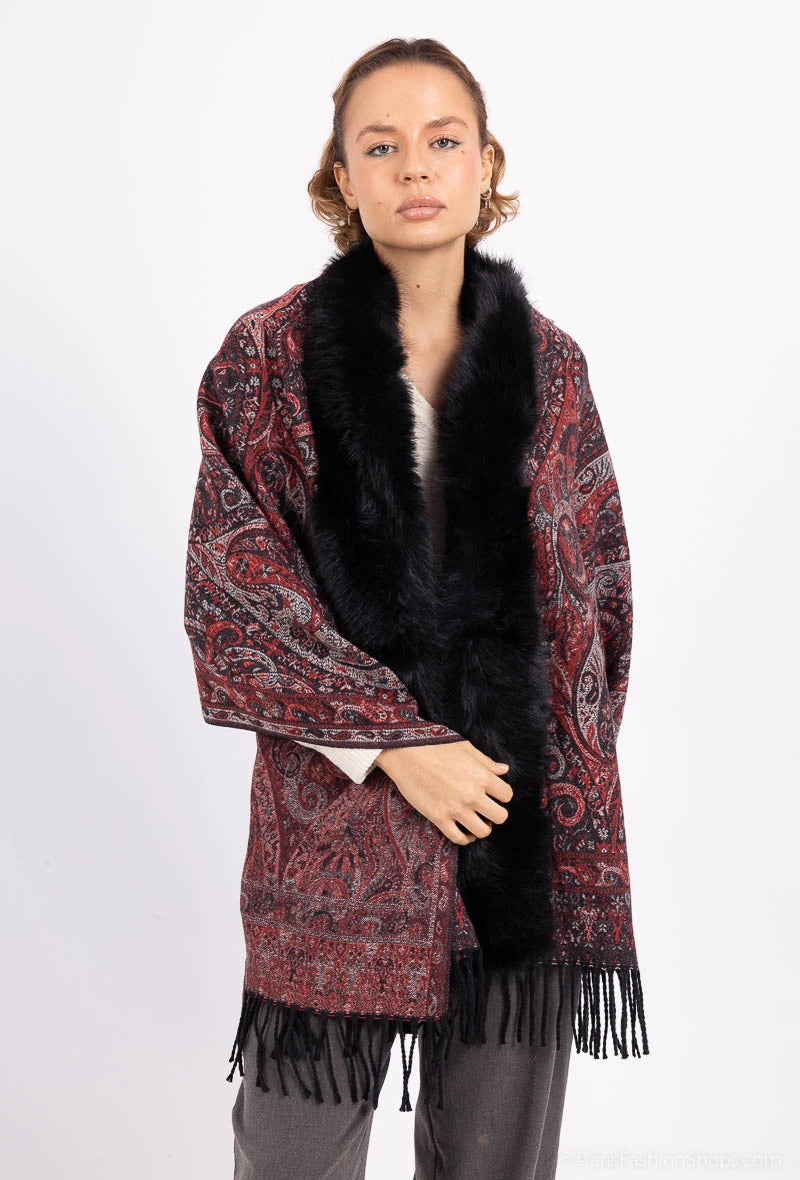 Paisley Print Faux Fur Cape Wine