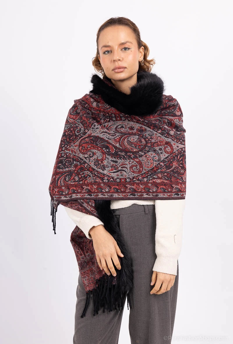 Paisley Print Faux Fur Cape Wine