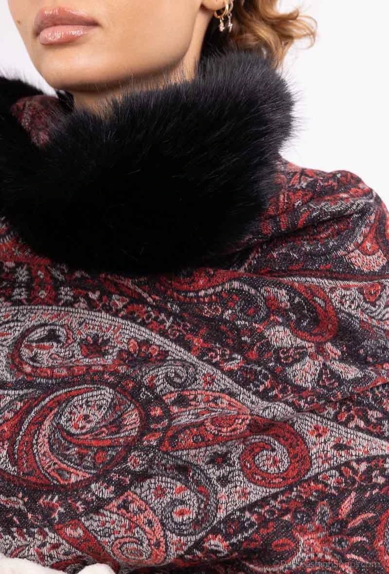 Paisley Print Faux Fur Cape Wine