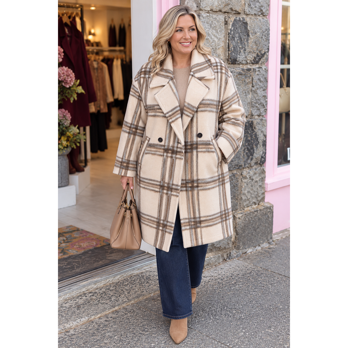 Checked Coat Beige/Taupe/Grey One Size