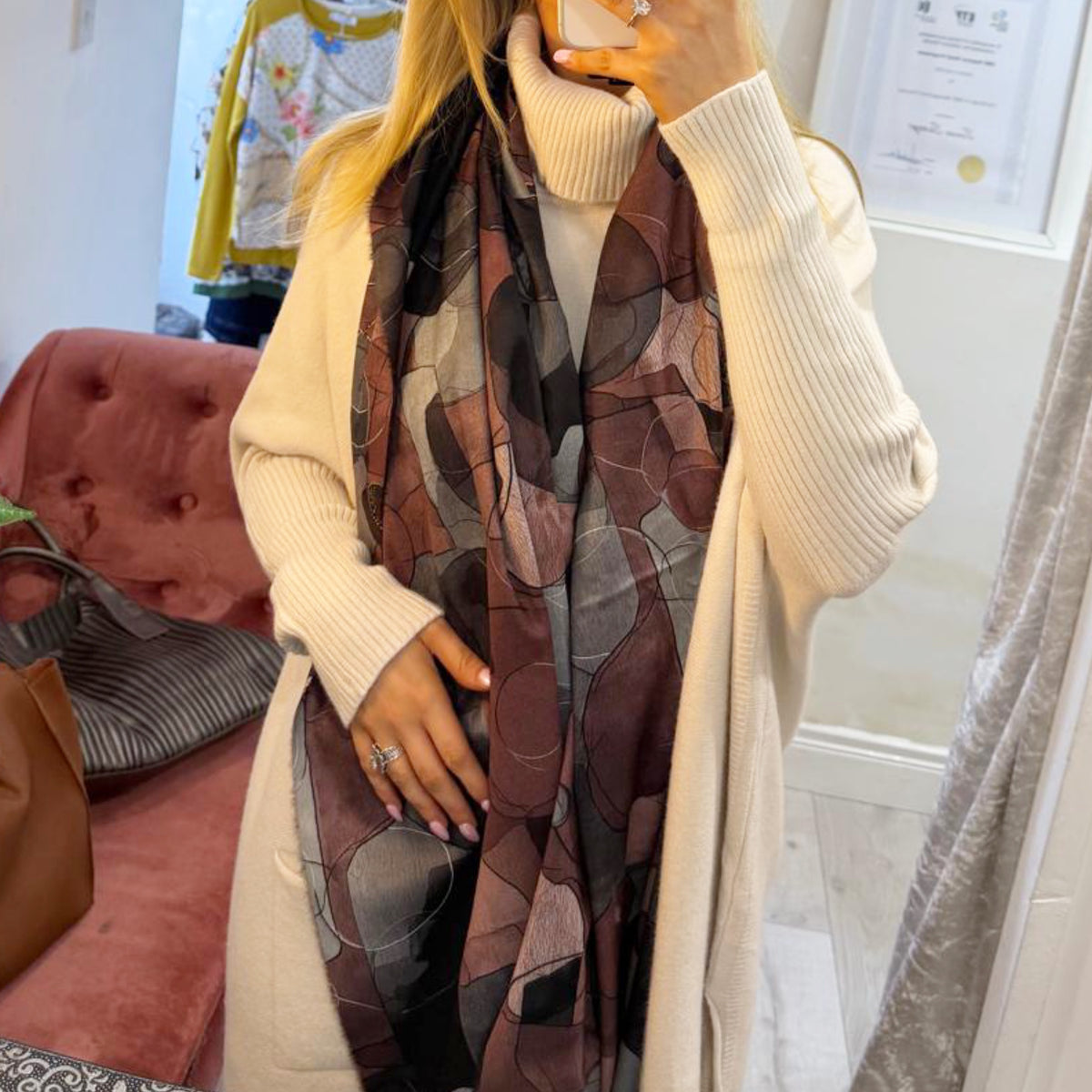 Plum Multicoloured Abstract Scarf Gold Threading