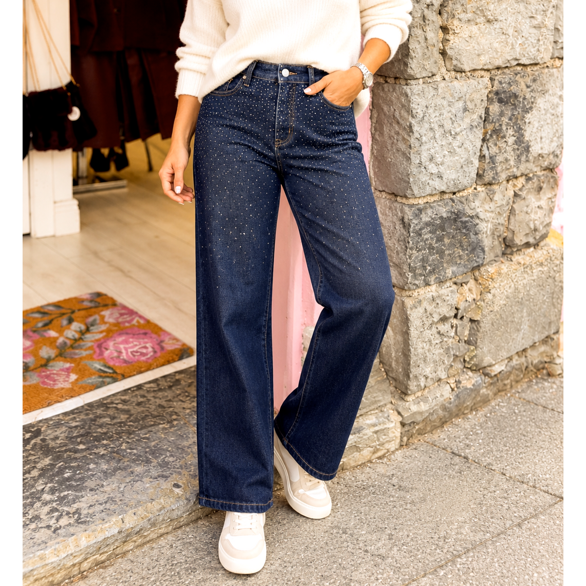 Dark Blue Denim Sparkle Jeans Straight Leg