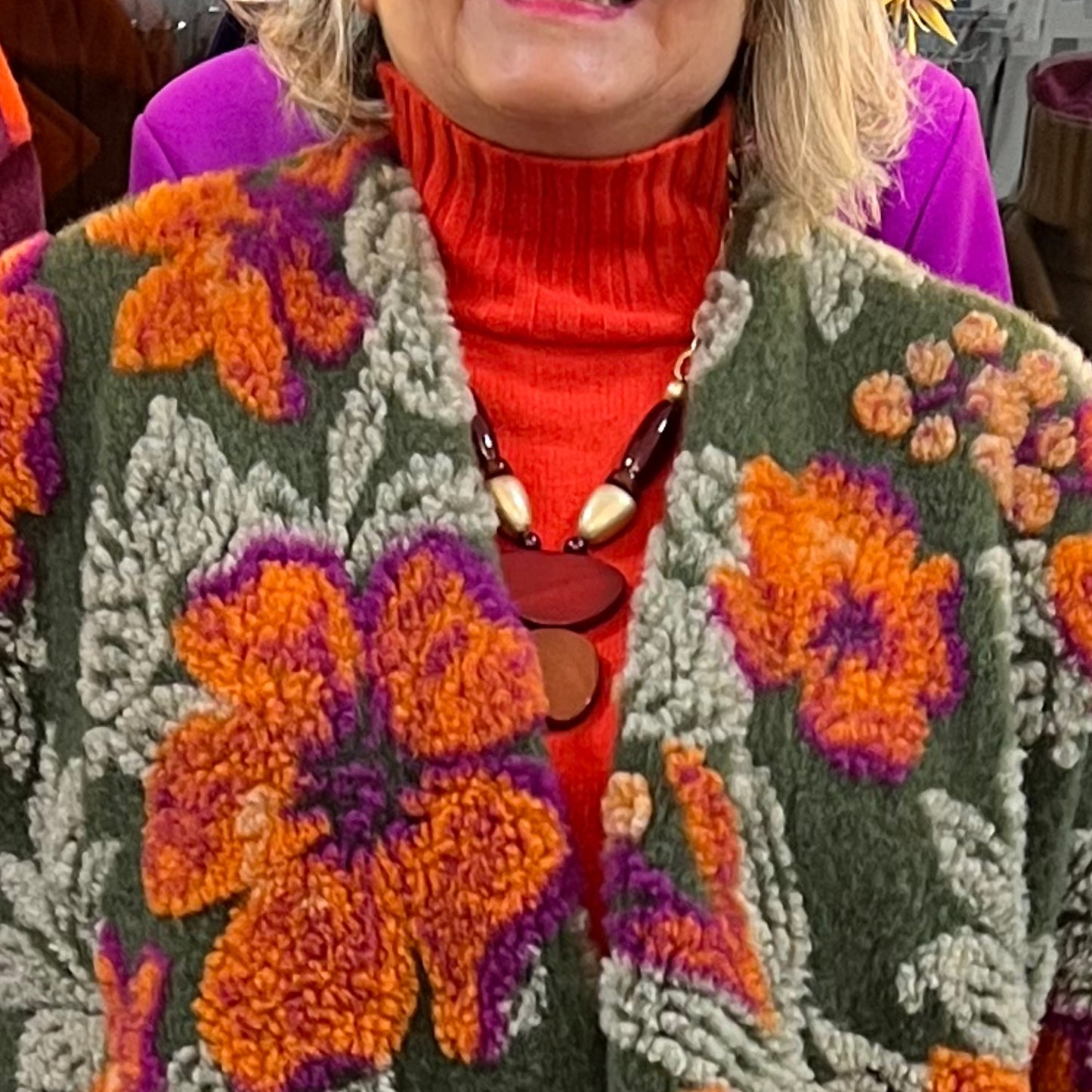 Oversized Wool Embroidery Gilet Orange & Green