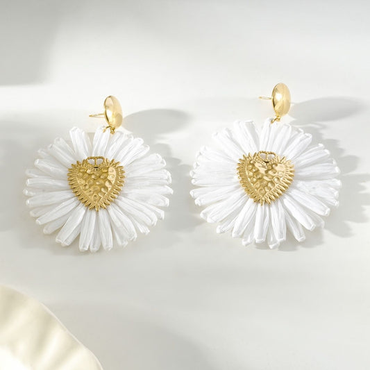Daisy Flower & Gold Heart Statement Drop Earrings