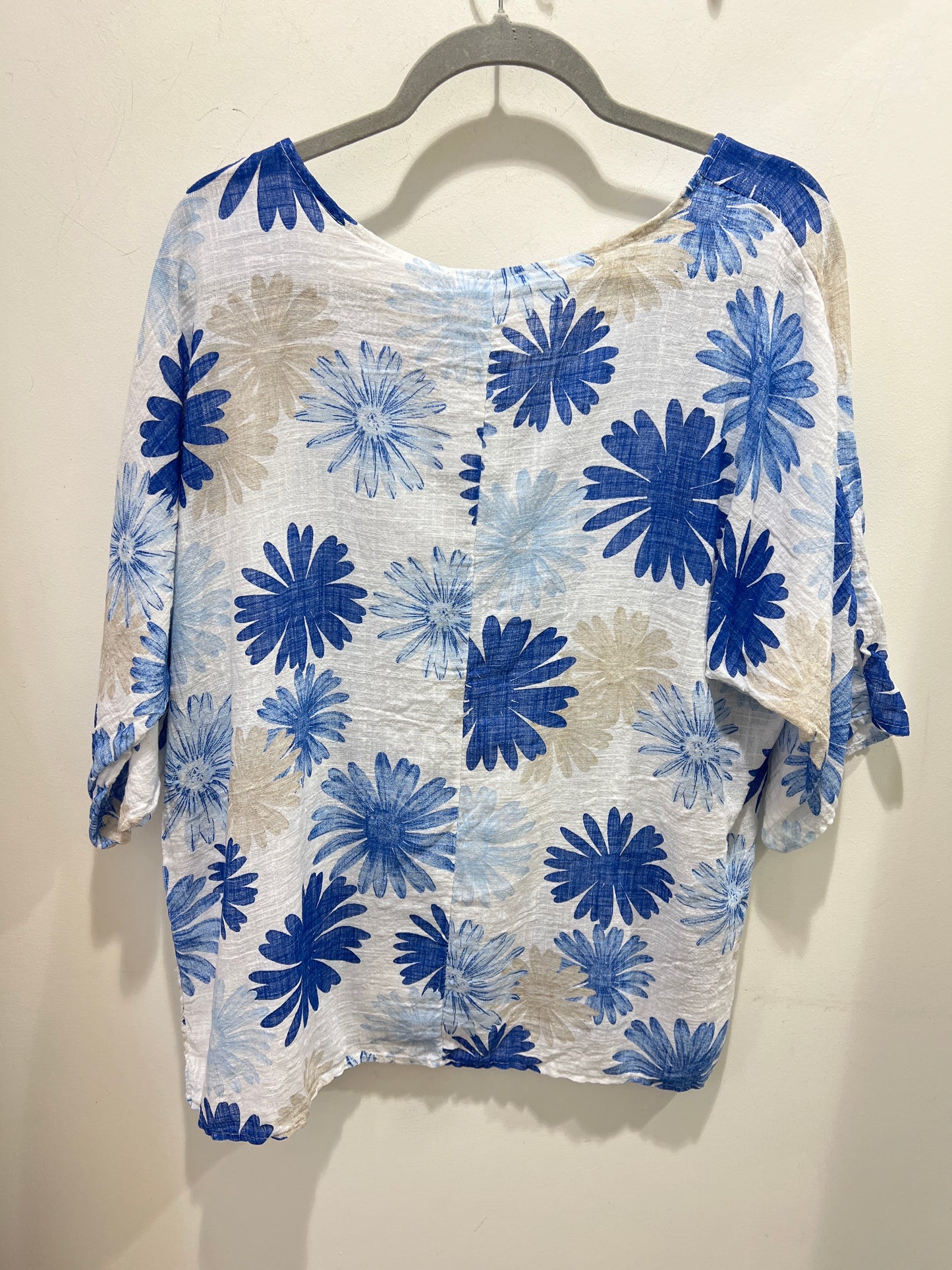 White & Cobalt Blue Floral Cotton Top (One Size)