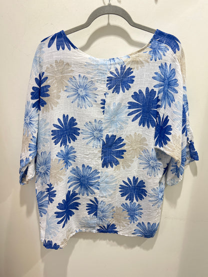 White & Cobalt Blue Floral Cotton Top (One Size)