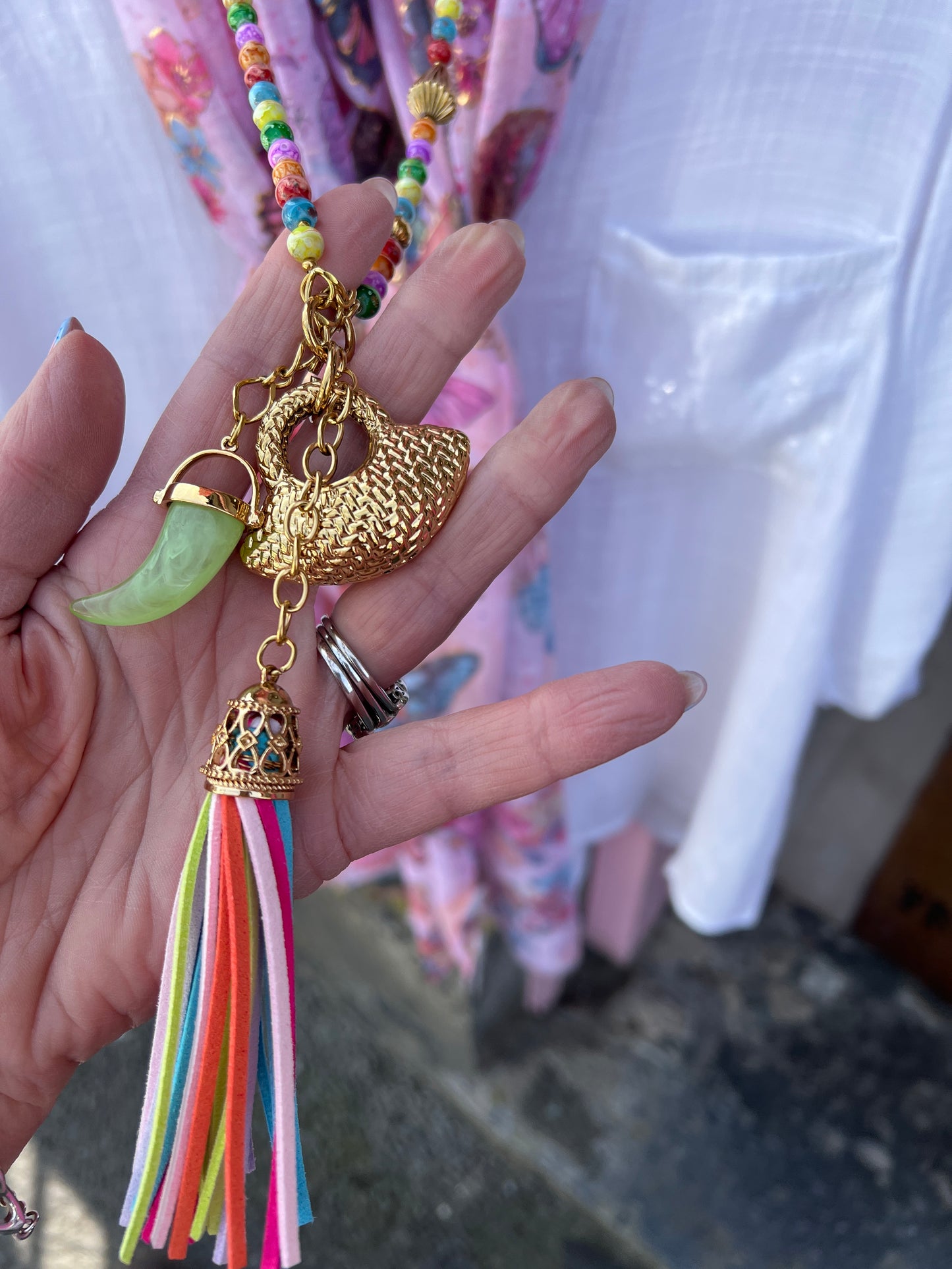 Multicoloured Long Pendant Charm Tassel Necklace