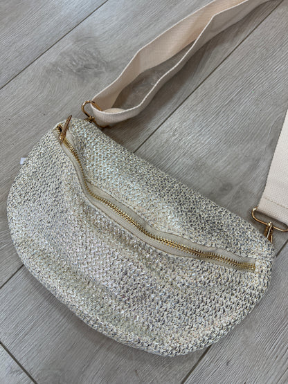 Summer Luxe Woven Crossbody Bag – Cream & Silver Metallic