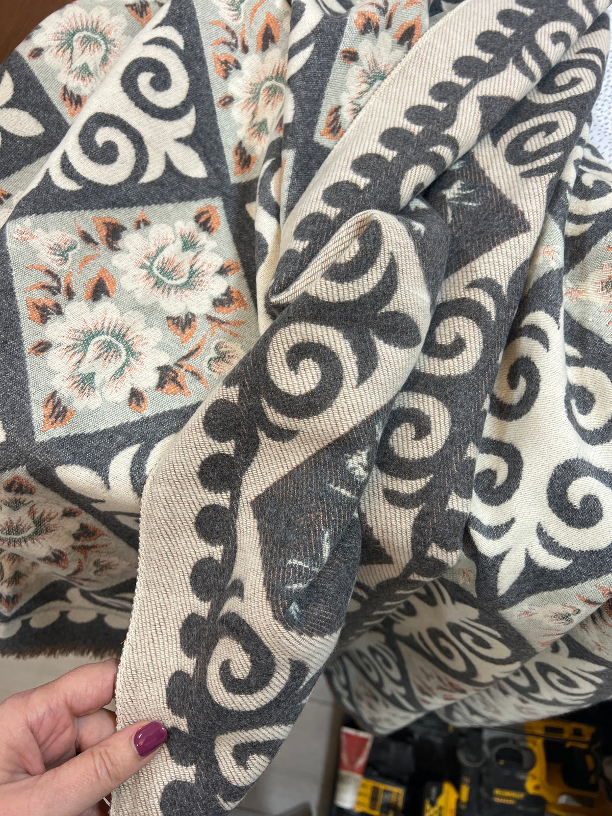 Grey & Cream Floral Design Reversible Scarf