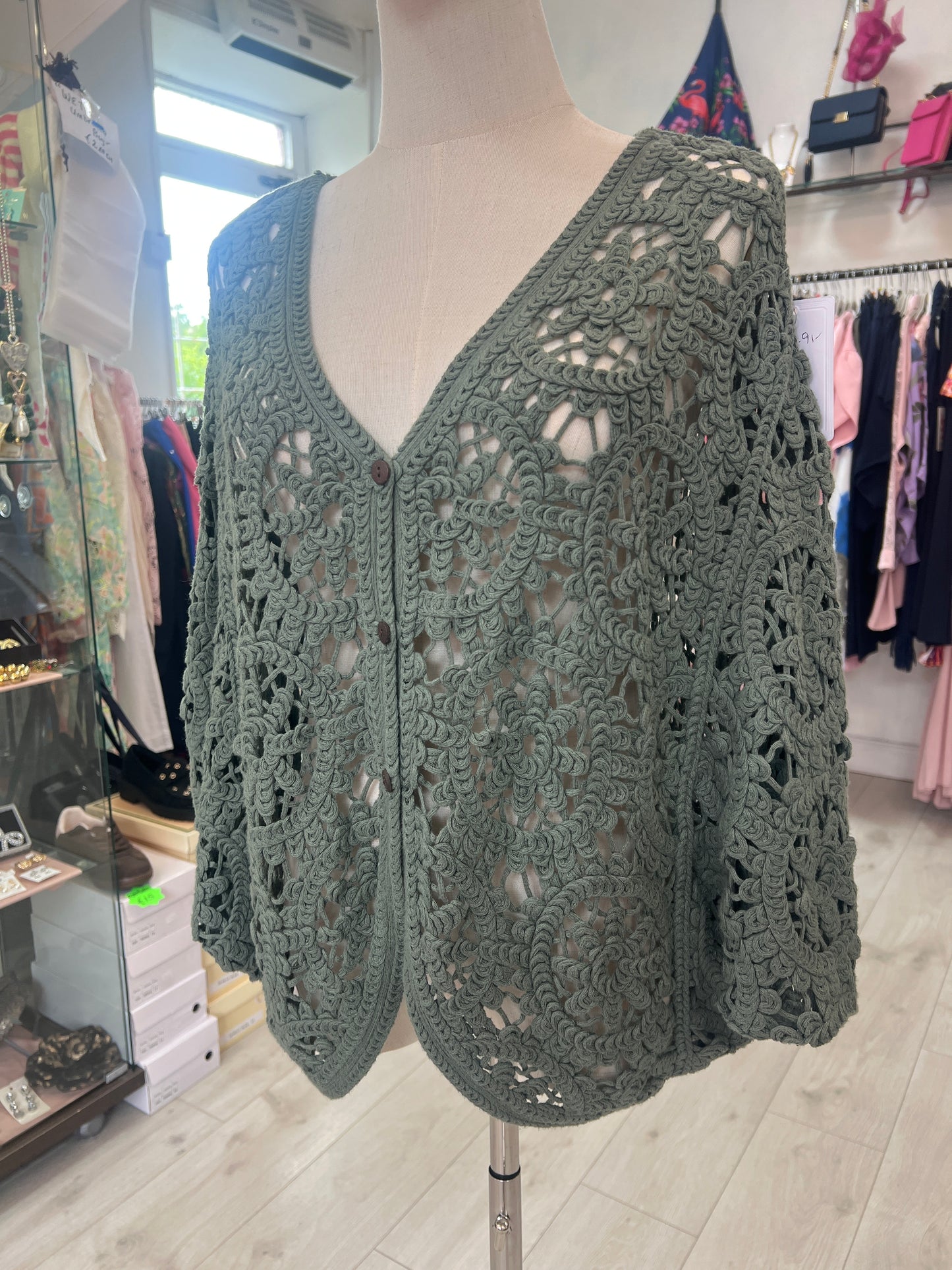 Khaki Green Crochet Batwing Style Buttoned Cardigan