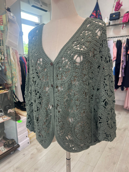 Khaki Green Crochet Batwing Style Buttoned Cardigan
