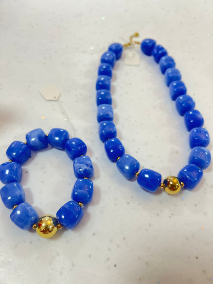 Blue Cubed Resin Necklace Gold Ball