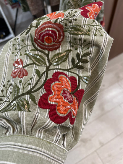 Green Boho Striped Embroidered Shirt