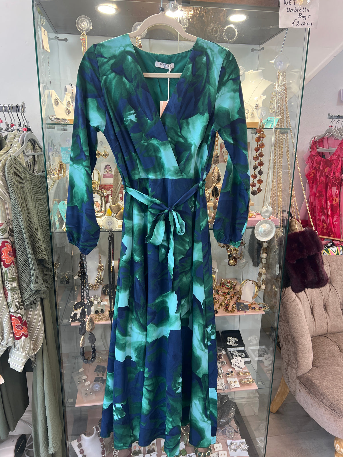 Navy & Green V Neck Maxi Dress