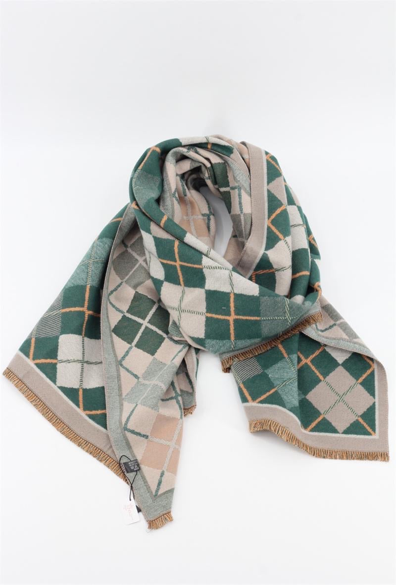 Diamond Check Blanket Scarf Green/Orange/Taupe
