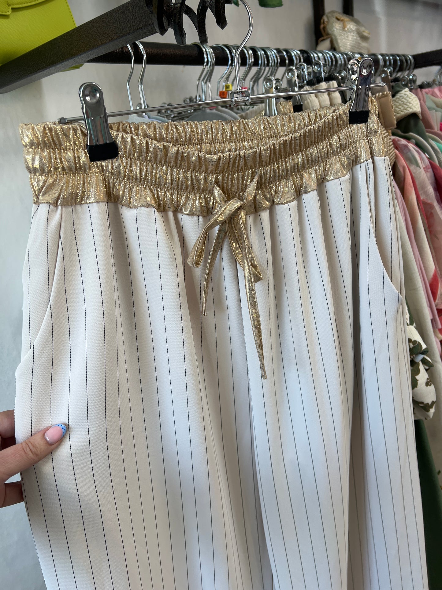 Hillary Cream & Black Pinstripe Wide Leg Elasticated Trousers