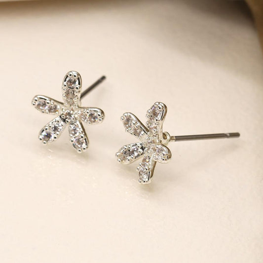 POM Silver Crystal Flower Stud Earrings