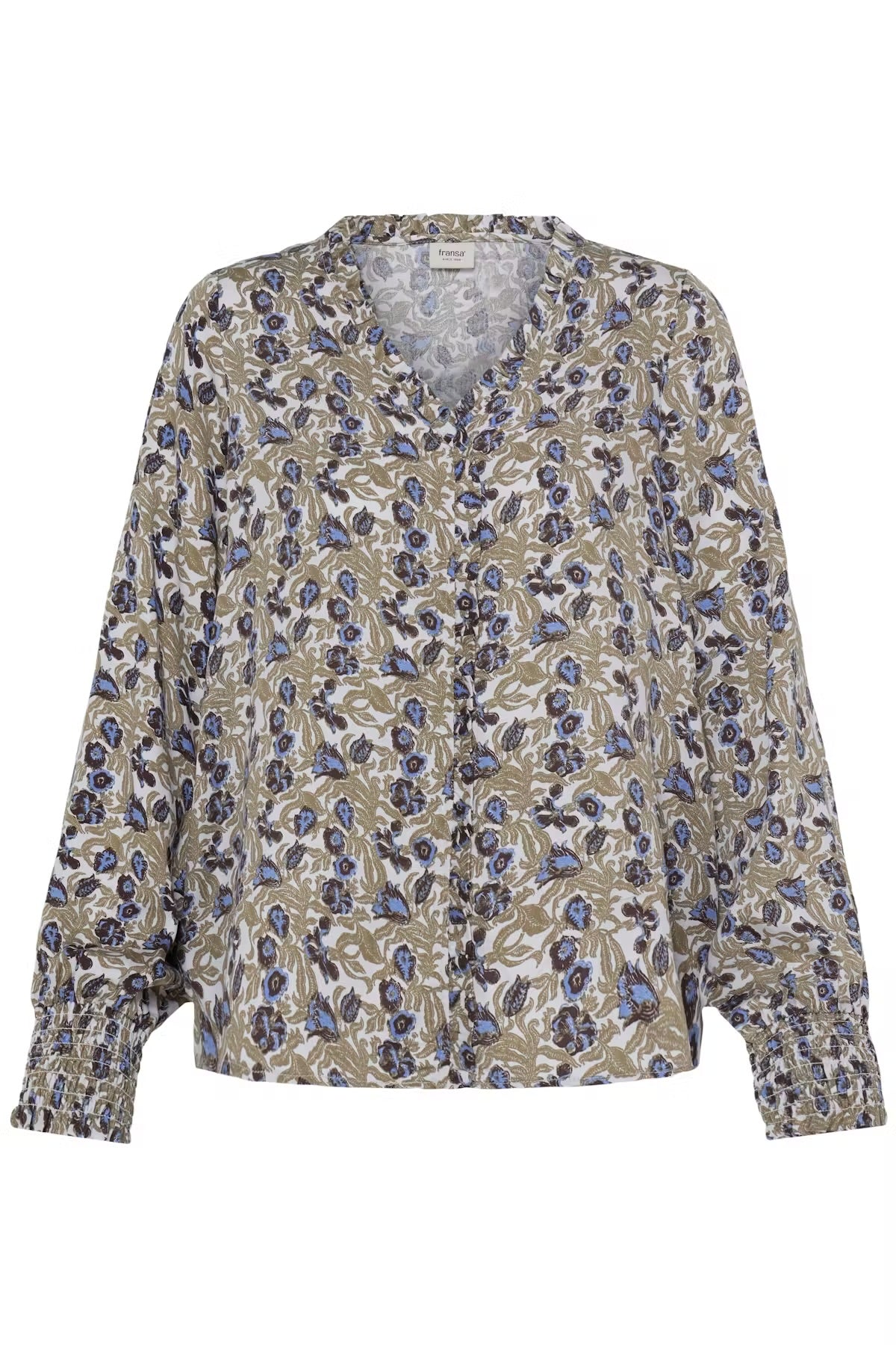 FRANSA Floral Print V-Neck Blouse – Khaki & Blue