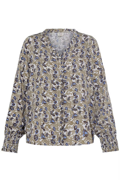 FRANSA Floral Print V-Neck Blouse – Khaki & Blue