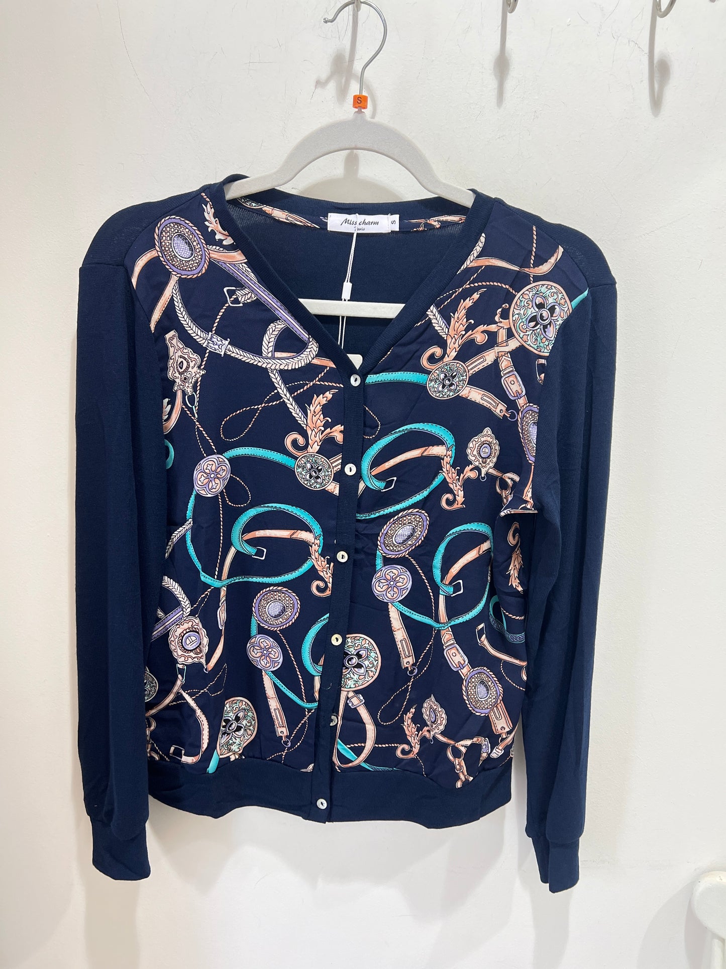 Navy Printed Button Front Cardigan