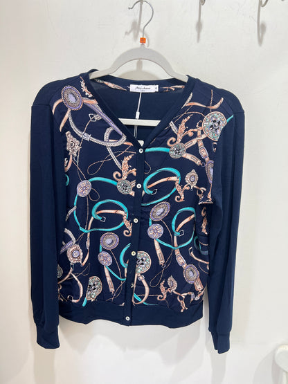 Navy Printed Button Front Cardigan