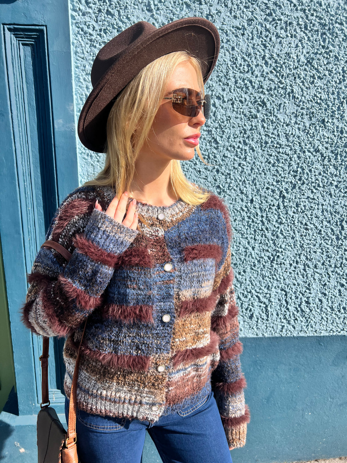 Navy & Brown Striped Cardigan Fur Detail