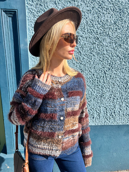 Navy & Brown Striped Cardigan Fur Detail