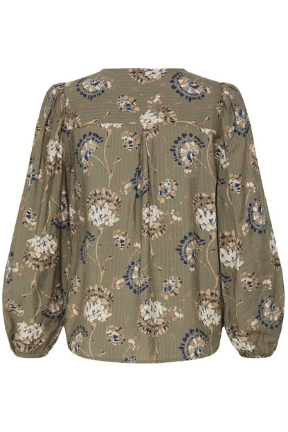 FRANSA Khaki Floral V Neck Blouse
