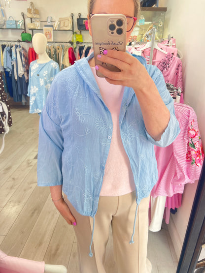 Sky Blue Embroidered Hooded Cotton Jacket
