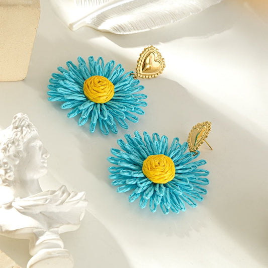 Turquoise & Yellow Daisy Statement Drop Earrings