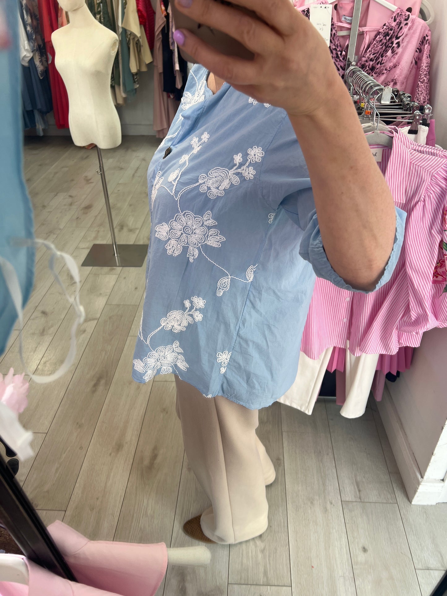 Sky Blue White Floral Embroidered Cotton Top