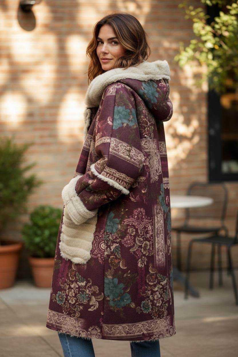 Oversized Hooded Printed Coat Wine & Teal