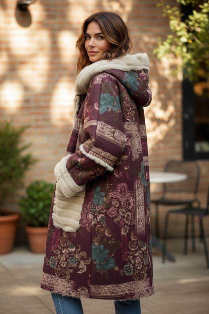 Oversized Hooded Printed Coat Wine & Teal